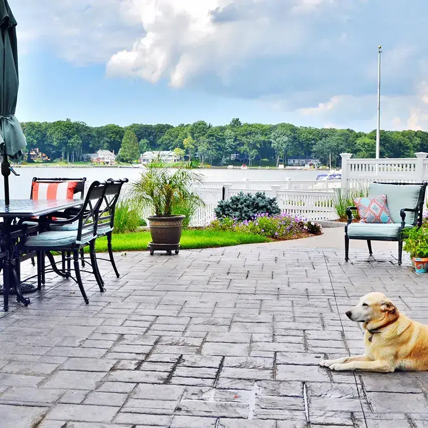Waterfront Ashlar Slate Stamped Patio - Stamped Patio project in Lake Oswego, OR